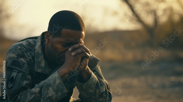 Obraz An American soldier with ptsd sits sad
