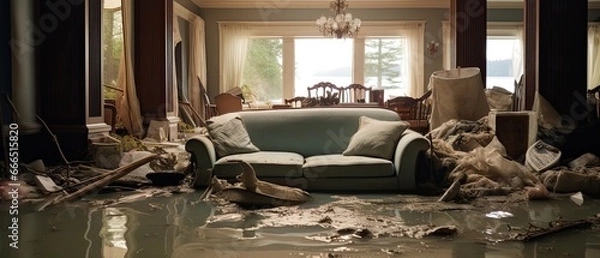 Fototapeta Photograph a flooded living room, furniture floating and personal belongings scattered, showcasing the devastating personal impact of a flood
