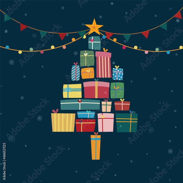 Obraz Collection of gift box pile in Christmas tree shape over dark blue background and blur snowflakes. Vector illustration for Merry Christmas concept