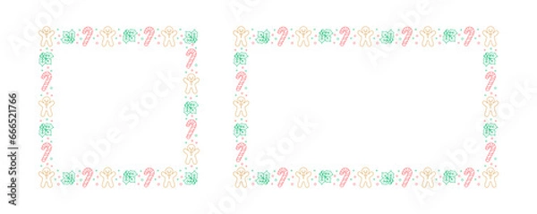 Fototapeta Square and Rectangle Christmas Frame Border Set. Gingerbread Cookies, Candy Cane and Mistletoe Pattern Winter Holiday Graphics. Social media post template, vector illustration.