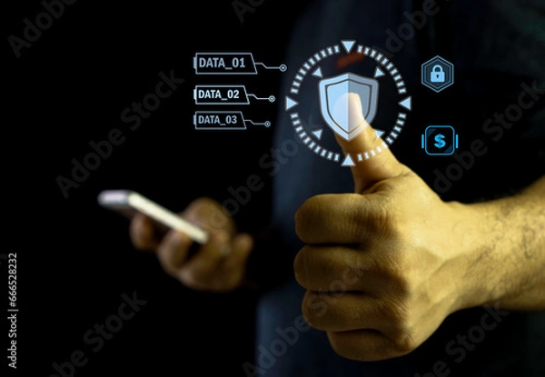 Fototapeta hand pushing button on a interface