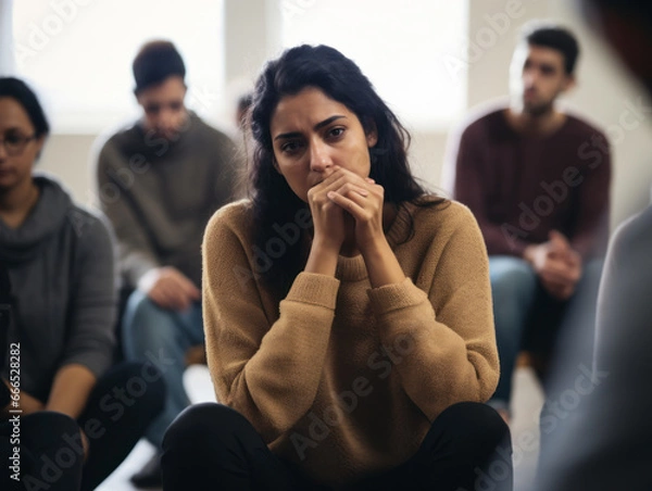 Obraz depressed woman at support group meeting