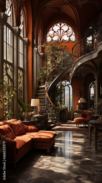 Fototapeta interior of an orange design with plants, stairs and windows in it. gothic romanticism. AI generated