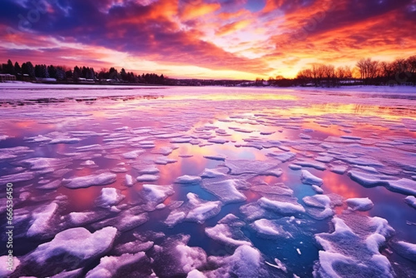 Fototapeta frozen lake at sunset. Generative Ai