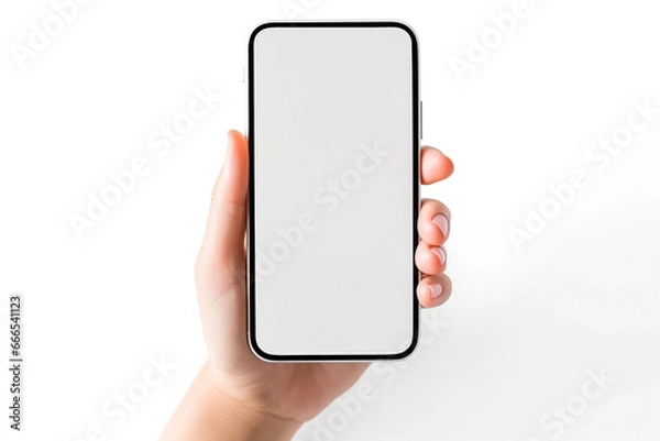 Fototapeta Close up of hand holding modern smart phone mockup. New modern black frameless smartphone mockup with blank white screen. Isolated on white background high quality studio shot Modern smart