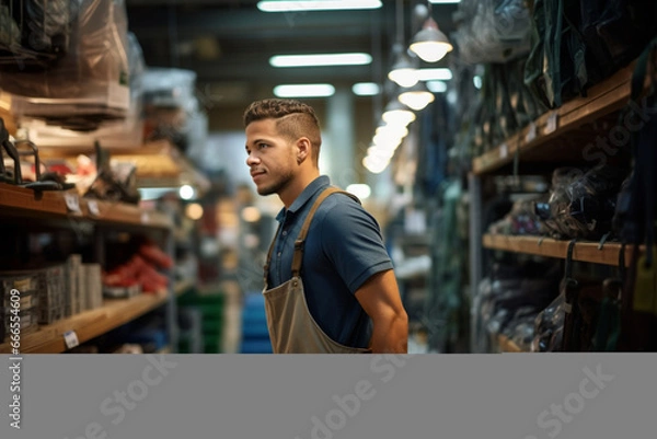 Fototapeta Young latin man working in hardware store