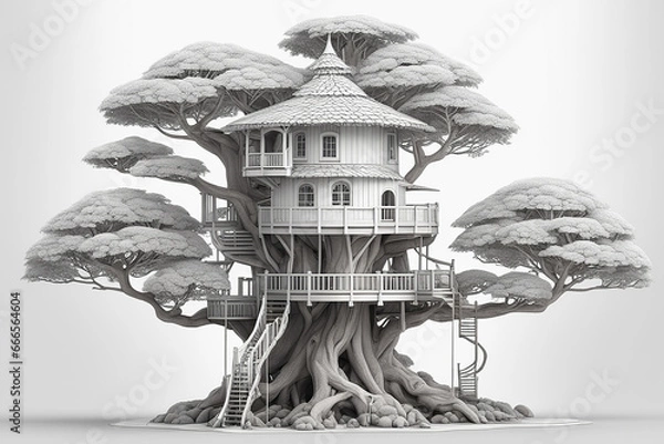 Fototapeta Beautiful treehouse outlined on white background - Generative AI