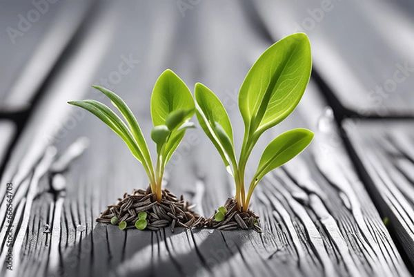 Fototapeta Tiny sprouting seedlings poking up between shattered deck boards - Generative AI