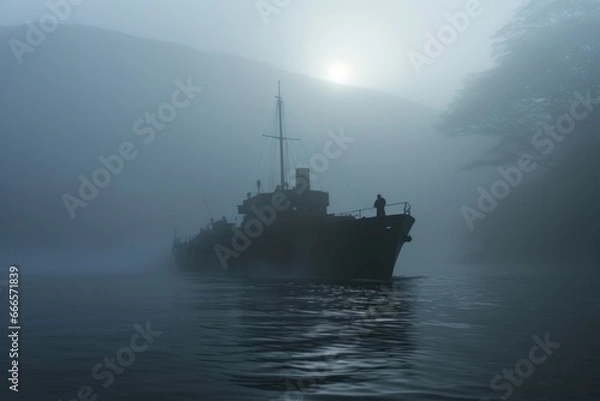 Fototapeta Misty apparition of a phantom ship emerging from a foggy seascape 