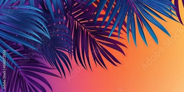 Fototapeta AI Generated. AI Generative. Retro vintage california miami vibe inspired background with tripical palm tree leafes with sunset landscape. Graphic Art