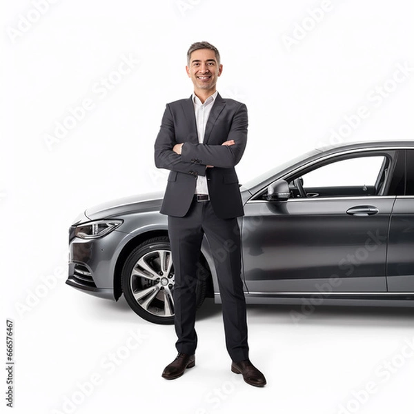 Obraz Car salesman, smiling man full length isolated on transparent white background