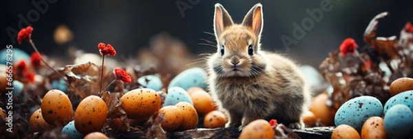 Fototapeta Easter background with bunny and colorful painted eggs