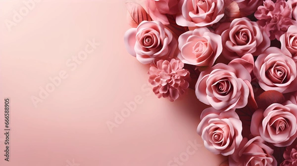 Fototapeta Roses on pink background with copy space. Abstract natural floral frame layout with text space,Generated by AI