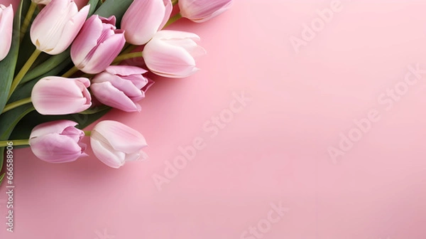 Fototapeta Roses on pink background with copy space. Abstract natural floral frame layout with text space,Generated by AI