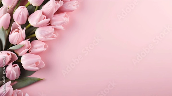 Fototapeta Roses on pink background with copy space. Abstract natural floral frame layout with text space,Generated by AI