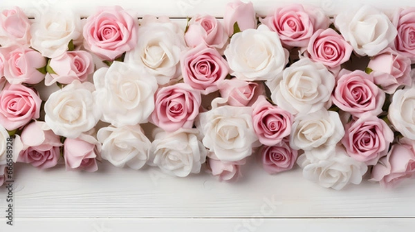 Fototapeta Roses on pink background with copy space. Abstract natural floral frame layout with text space,Generated by AI