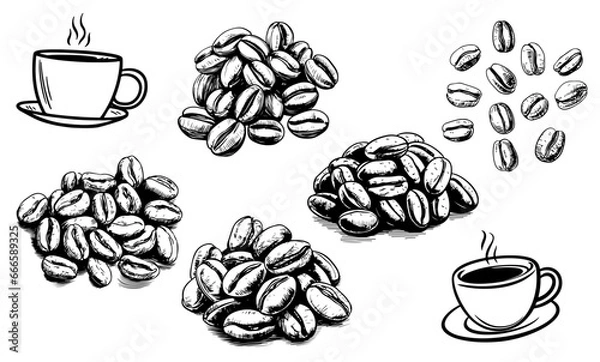 Obraz coffee beans and a cup of coffee hand drawn
