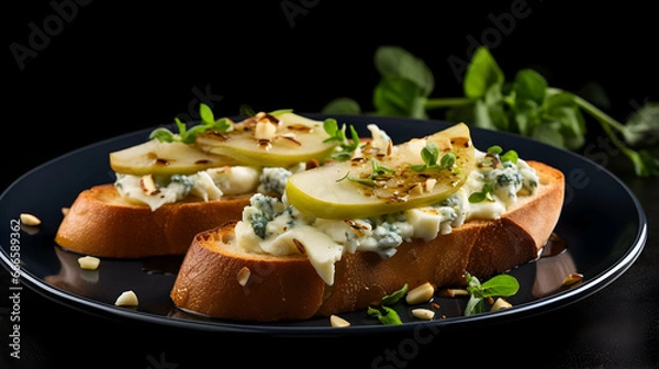 Fototapeta Sandwich or bruschetta with pear and blue cheese on white plate on black background, copy space,Generated by AI