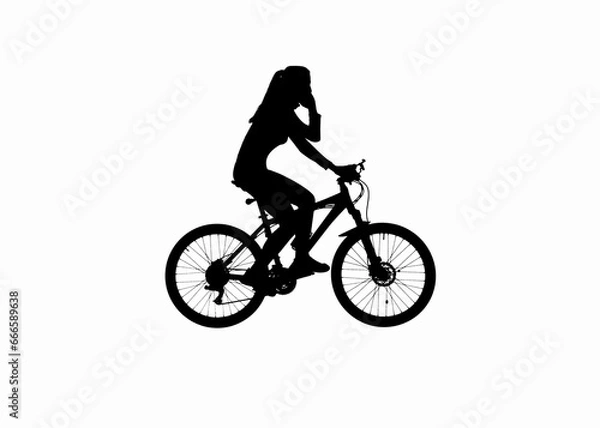 Fototapeta Black silhouette of female talking on smartphone riding a bike, isolated on white background alpha channel.