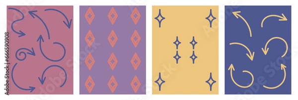Fototapeta Set of abstract covers, posters. Hand drawn doodles, sparkles, arrows. Abstract background. Vector, eps 10.	