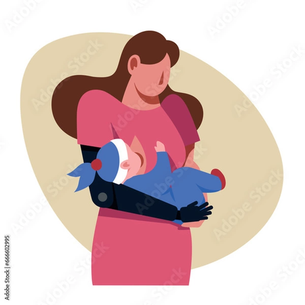 Fototapeta A vector image of a woman with a prosthetics feeding a baby. Disabled theme image