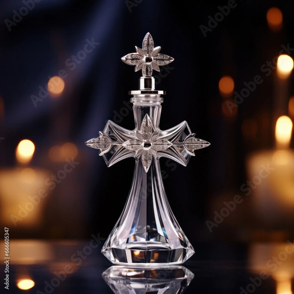 Obraz Glass perfume or holy water bottle showing wear to the gold gilding with an ornate