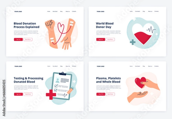Fototapeta Blood donation concepts. Give blood, save life. Set of web pages design templates for hospital or blood donation center. Flat vector illustrations.