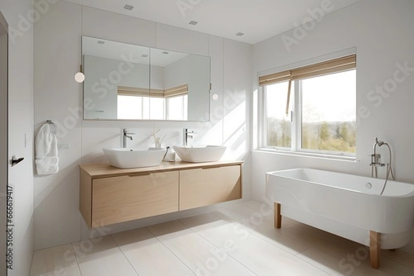 Obraz 13. Modern bathroom and luxurious house design. Sink, bathtub, mirror and wooden furniture. Generative AI