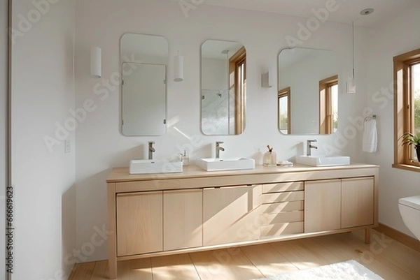 Fototapeta 4. Bathroom design consisting of modern white and brown wood, neat faucet and bright light. 