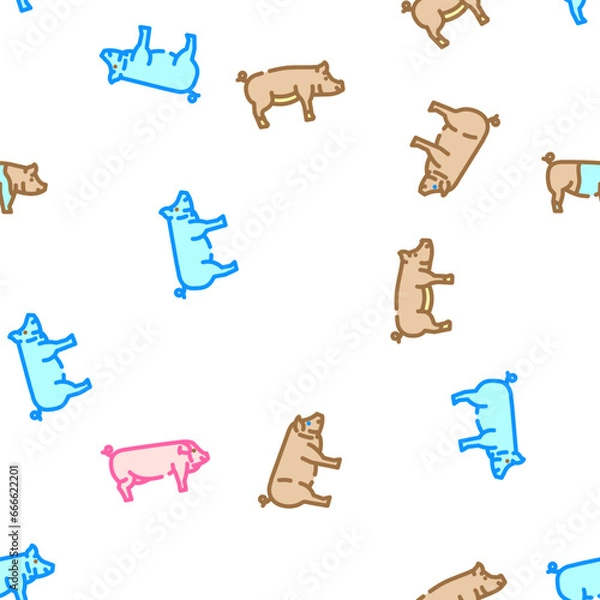 Fototapeta pig pork farm vector seamless pattern thin line illustration