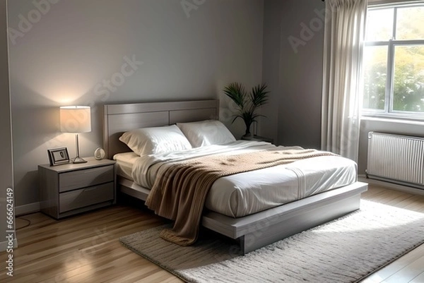 Fototapeta 11. Simple bedroom and bed interior with beige color concept. 