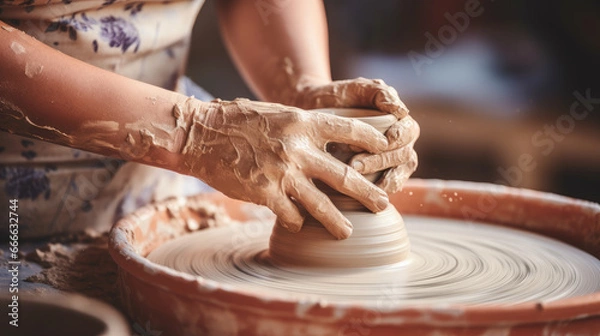 Fototapeta Hands working on pottery wheel Generative Ai