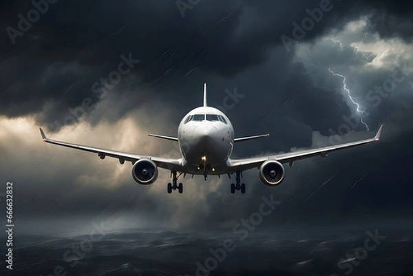 Fototapeta Airplane flying through the storm cloud.  Photo from a front view symetric. Stormy weather and sunlight. AI generated.