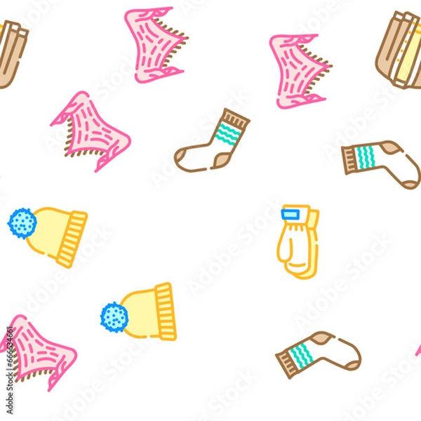 Fototapeta knitting wool textile knit vector seamless pattern thin line illustration