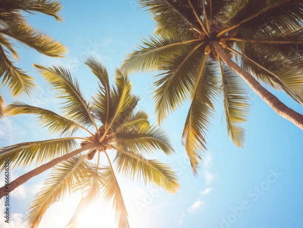 Fototapeta Palm Trees under the Azure Sky: Upward View of Sunlit Blue Sky and White Clouds