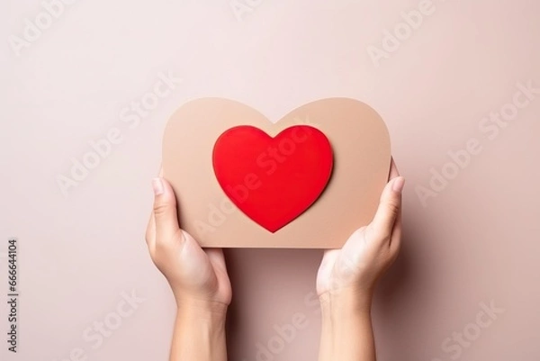 Fototapeta Family concept. Hand holding red heart isolated on a white background. Copy space