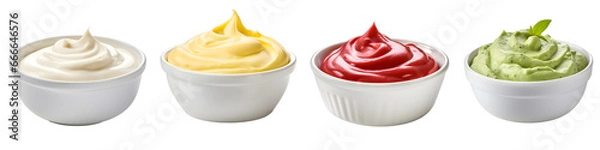 Fototapeta Mayonnaise Mustard Ketchup and Guacamole sauce set isolated on transparent background.