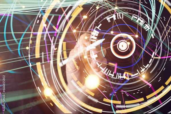 Fototapeta abstract lines with dots over dark background.