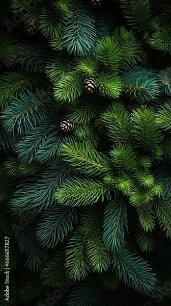 Obraz Christmas festive greeting card with pine tree branches and pinecone background. Generative AI.