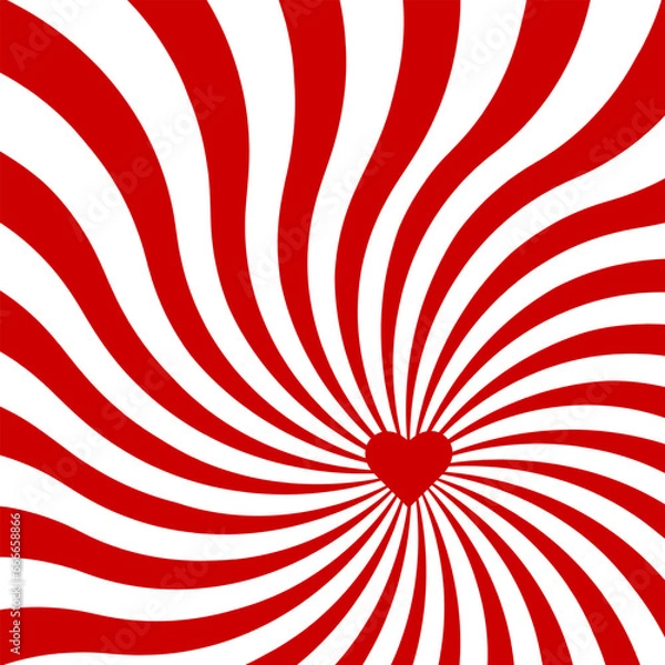 Fototapeta Red swirling pattern background. Vortex starburst spiral twirl square with red heart. Helix rotation rays. Converging scalable stripes. Vector illustration