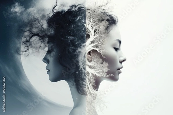 Fototapeta An image of struggling with your inner world. Yin and Yang. Black and white, good and evil