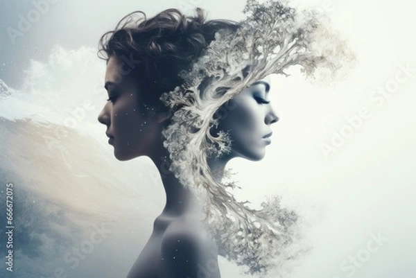 Fototapeta The image of a split personality. Fight with your inner world. Yin and Yang. Black and white