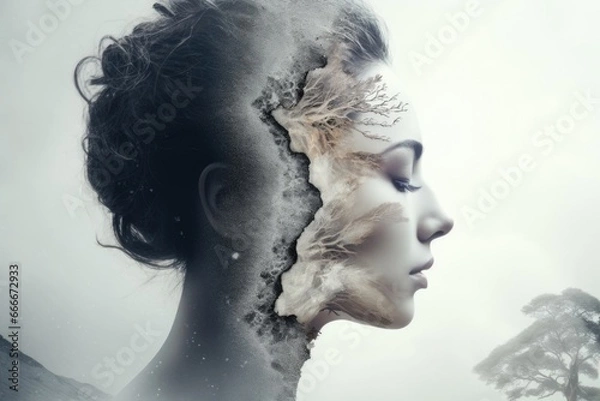Fototapeta The image of a split personality. Fight with your inner world. Yin and Yang. Black and white