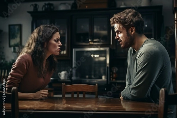 Fototapeta Young couple quarreling at their houme. AI generative