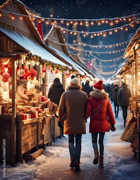 Obraz a couple walking near the Christmas market stalls
