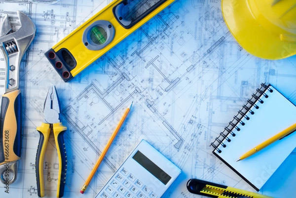 Fototapeta Architect and contractor concept. Rolls with projects. Tool kit of the contractor: yellow hardhat, libella and notebook. 