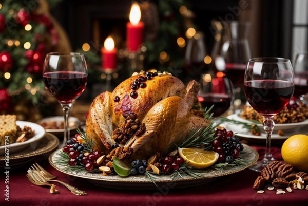 Obraz cena navideña con pollo y pavos, copas de cristal llenas de vino, velas y platos  