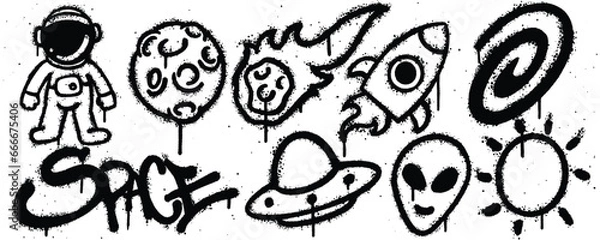 Fototapeta Set Space graffiti spray paint. Collection of astronaut, planets, rocket, UFO, aliens, sun Isolated Vector