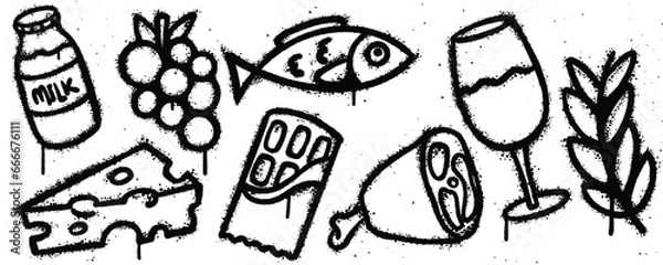 Fototapeta Set graffiti spray paint. Collection of milk, grape,, fish, paddy, glass, meat, chocolate, cheese Isolated Vector