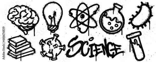 Fototapeta Set science graffiti spray paint. Collection of brain, lightbulb, molecule, chemical test tube, bacteria, book Isolated Vector